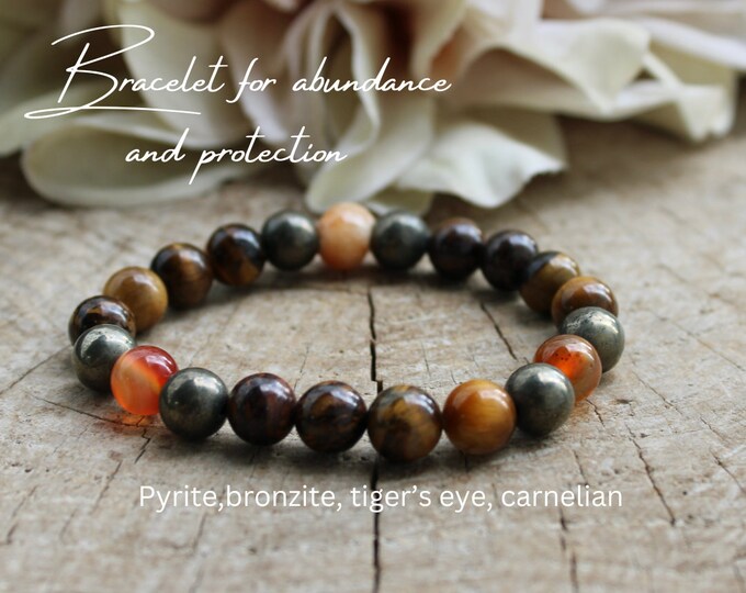 Abundance Bracelet: Carnelian, Pyrite, Tiger's Eye, Bronzite. Stretch cord. 8mm beads. Unisex
