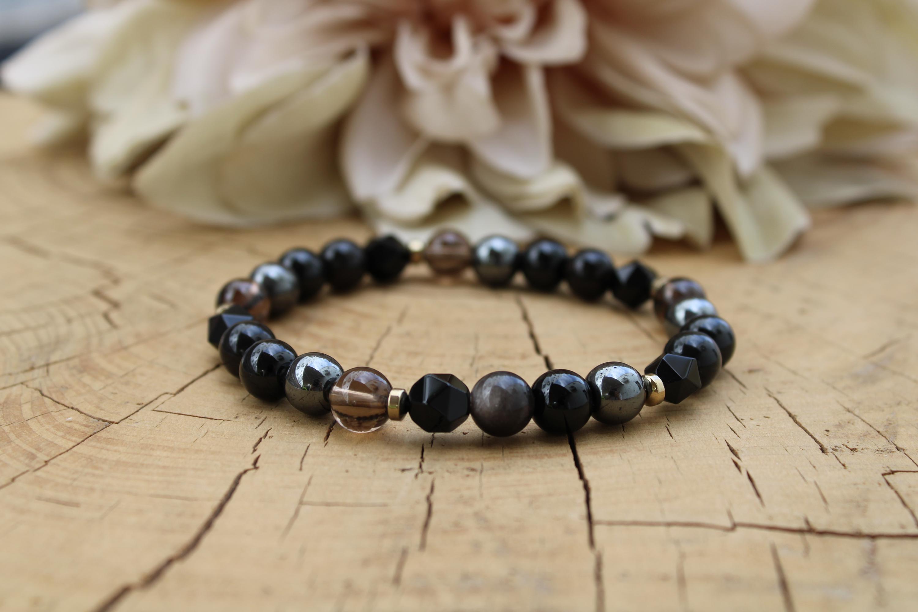 Mens Black Onyx Bracelet: Gold Sheen Obsidian, Tourmaline