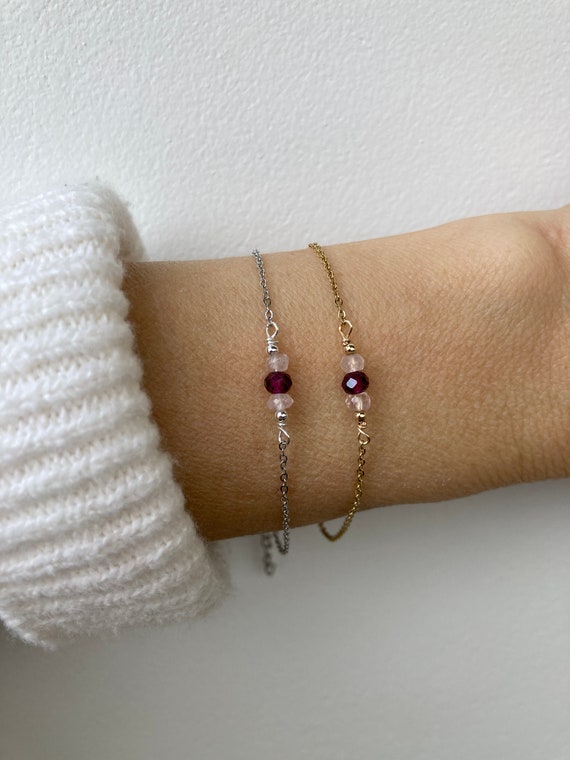 Fertility support and self love. Dainty rose quartz and garnet bracelet. Gold, silver, rose gold chain. Self lover and passion.
