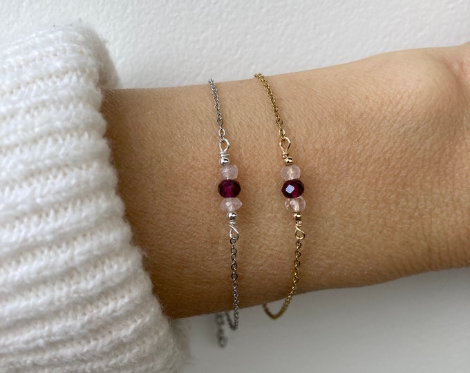 Rose Quartz Garnet Bracelet: Dainty Crystal Chain - Fertility & Self Love