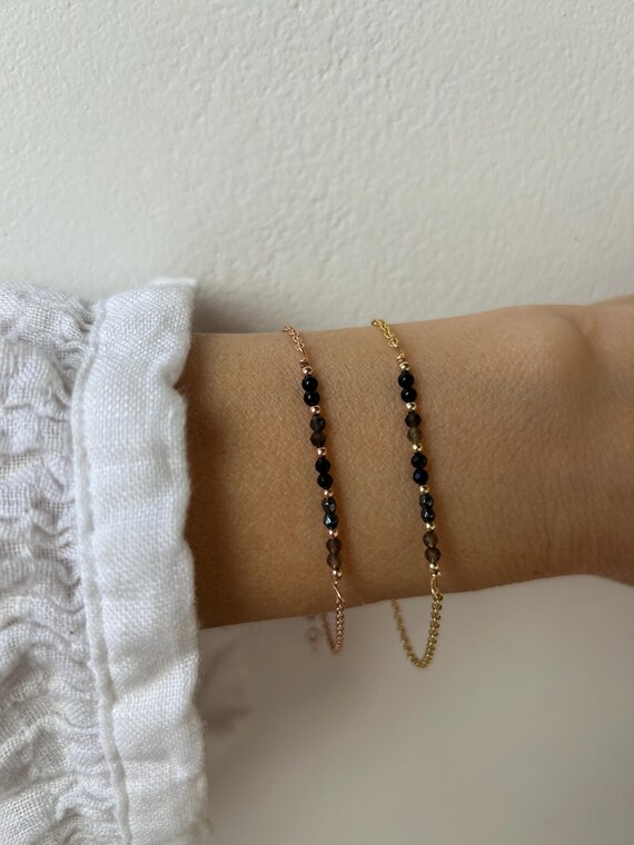 Black onyx, gold sheen obsidian, black tourmaline, hematite and smoky quartz bracelet. Protection, grounding.  Gold filled, sterling silver