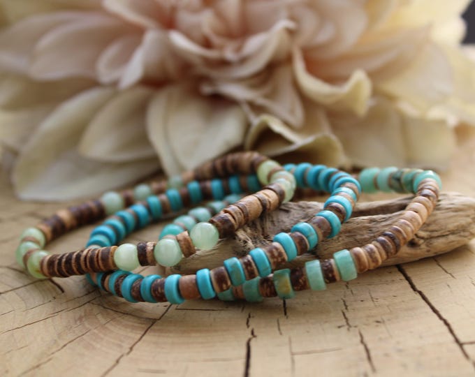 Mens Beaded Bracelet. Coconut heishi and turquoise, jade  & amazonite. Surfer style bracelet.