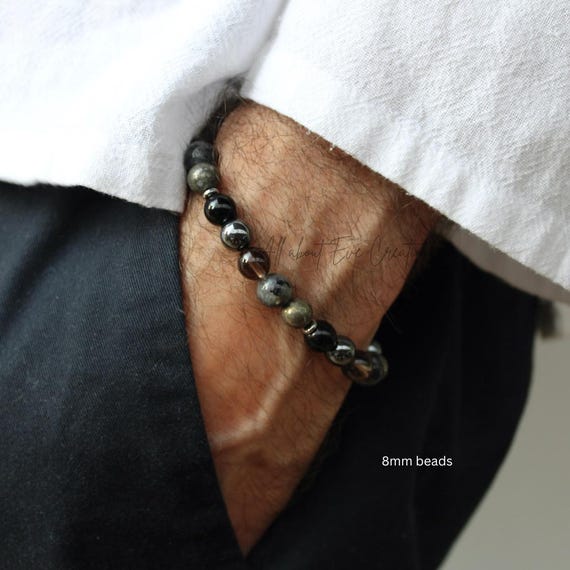 Black onyx, larvikite , smoky quartz and pyrite bracelet. Protection, stress relief, abundance. Beaded bracelet men. 8mm beads