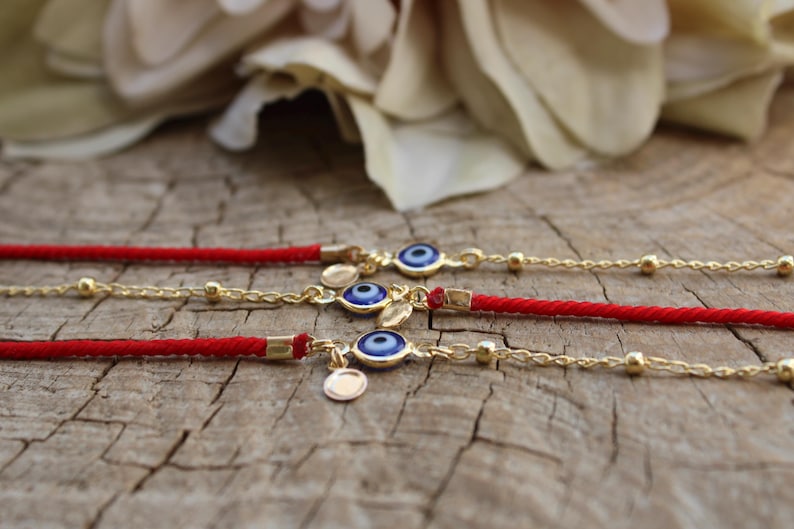 Red String Evil Eye Protection Bracelet, Gold Filled Charm, Adjustable Cord Jewelry image 13