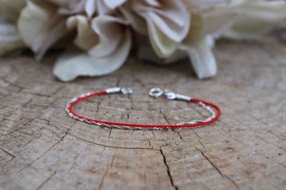 Red string and sterling silver/gold vermeil chain bracelet. Singapore twist  bracelet with red string. Cord and chain bracelet.