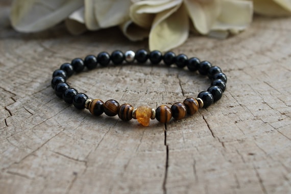 Black onyx, tiger's eye and citrine bracelet. Mens beaded gemstone bracelet. Luck, protection, positivity and abundance. 6mm beads.