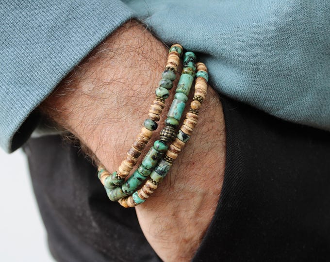 Mens bracelet. Mens gemstone bracelet. African turquoise bracelet. Mens beaded bracelet stack. Mens stretch bracelet.