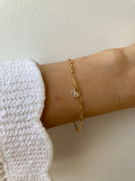 Herkimer diamond bracelet. April birthstone. Gold filled herkimer diamond bracelet. Paper clip chain with crystal.