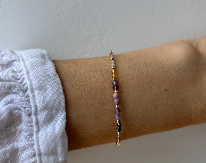 Menopause support bracelet. Hematite, amethyst, lepidolite, fluorite, citrine, moonstone.