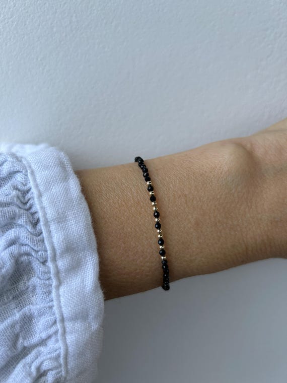 Black Tourmaline Beaded Bracelet. Skinny bracelet. Gold Filled, Sterling Silver