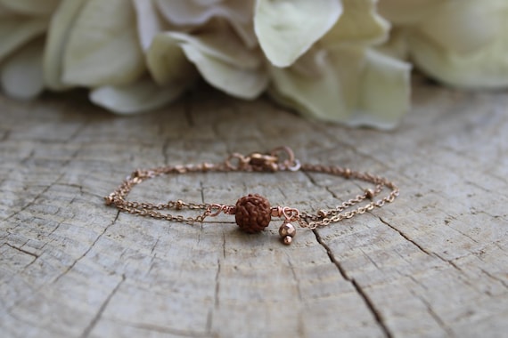 Dainty rudraksha bracelet.Dainty double chain bracelet with 6mm rudraksha seed. Gold, silver, rose gold chain.Yoga gift.Shiva tear bracelet
