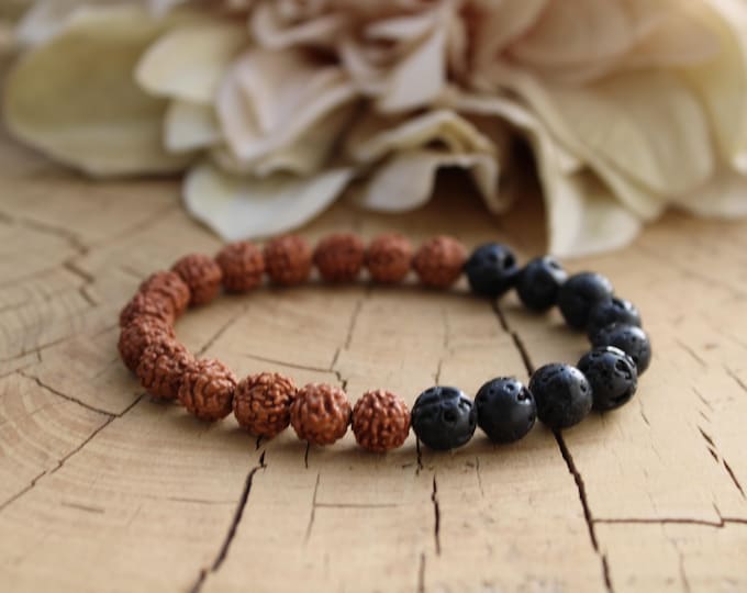 Rudraksha Lava Rock Mala Bracelet, Protection Grounding Stress Relief, Men's Beaded Jewelry. 8mm beads.