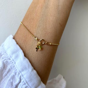Gold Filled Birthstone Bracelet with Tiny Cross Charm. Ball chain. Rose gold filled.