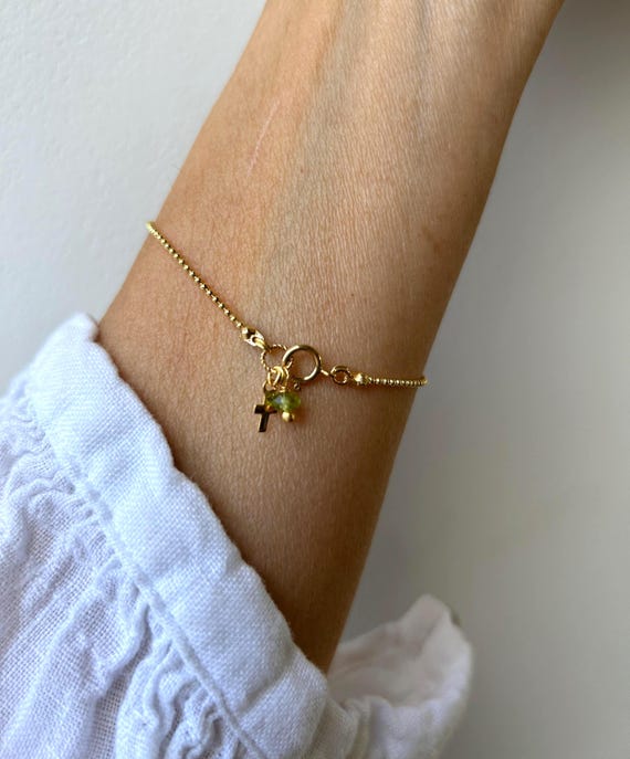 Gold Filled Birthstone Bracelet with Tiny Cross Charm