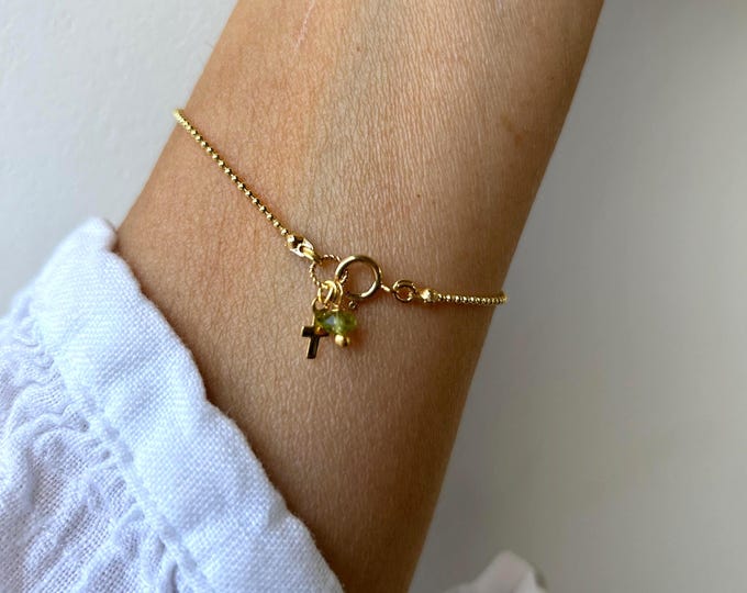 Gold Filled Birthstone Bracelet with Tiny Cross Charm. Ball chain. Rose gold filled.
