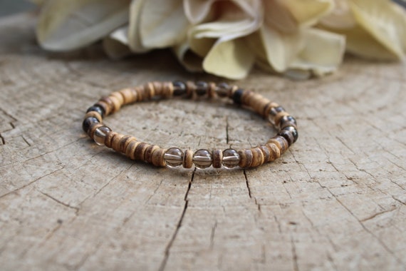 Mens coconut heishi and smoky quartz bracelet. Smoky quartz bracelet men. Mens surfer style bracelet. Stretch bracelet.