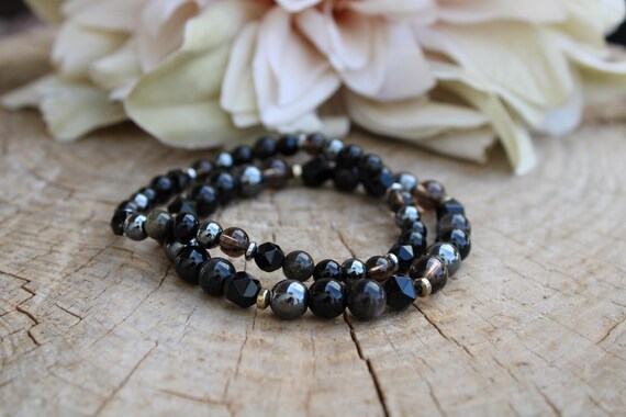 Mens Empath protection bracelet. Black onyx, gold sheen obsidian, black tourmaline, hematite and smoky quartz beaded bracelet. 6mm/8mm beads