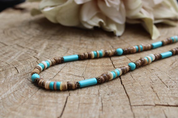 Mens beaded turquoise necklace. Surfer style necklace. Mens coconut necklace with turquoise beads.