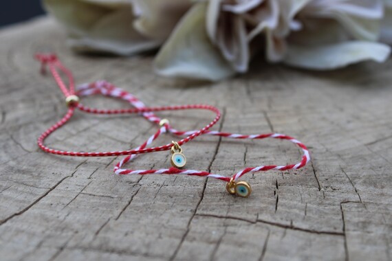 Greek March Cord Bracelet.Evil eye cord bracelet. White and red string bracelet. Adjustable.