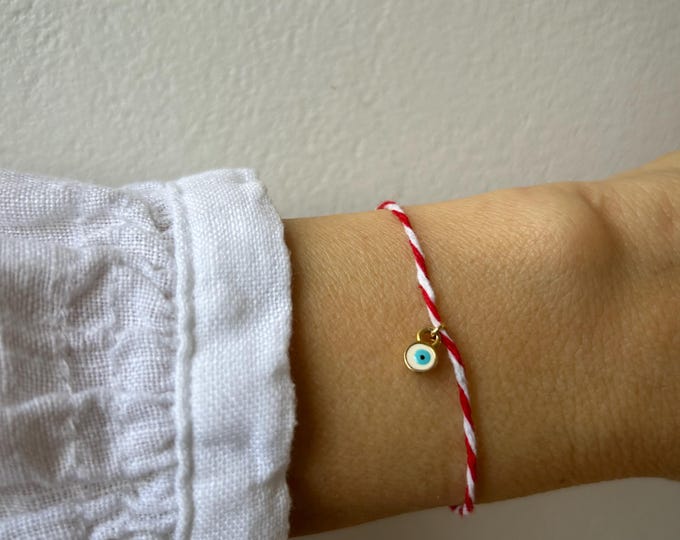 Greek March Cord Bracelet.Evil eye cord bracelet. White and red string bracelet. Adjustable.