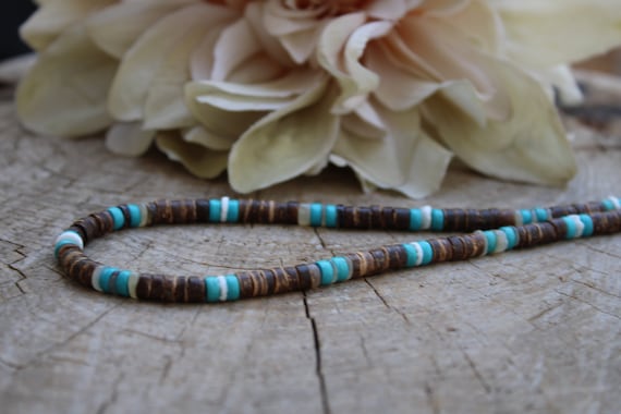 Mens coconut and turquoise necklace.Mens beaded necklace. Mens necklace. Surfer style necklace. Mens turquoise necklace. Wood bead necklace.
