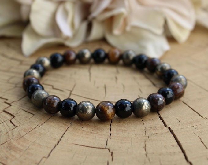 Abundance bracelet for men. Pyrite, bronzite and onyx bracelet. Mens beaded bracelet.6/ 8mm beads