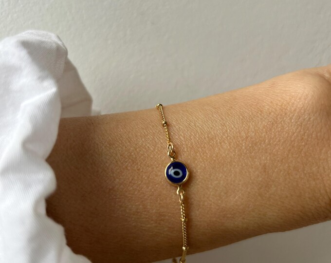 14k Gold Filled Evil Eye Bracelet: Dainty Satellite Chain, Greek Mati