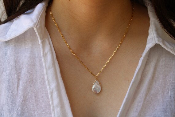 Keshi pearl necklace. Gold filled paper clip necklace with pearl. Freshwater pearl necklace.  Single pearl necklace.