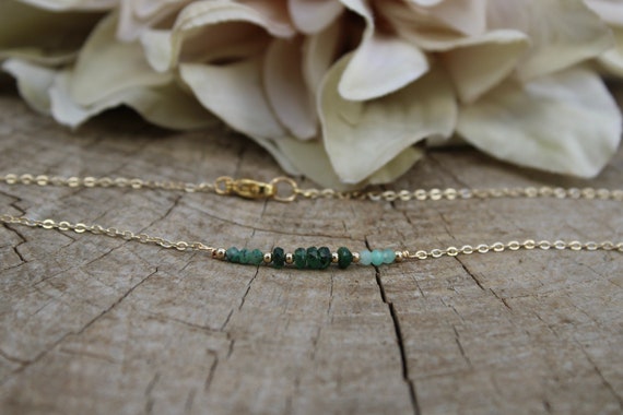 Emerald beaded bar necklace.  Ombre emerald necklace.  May birthstone. Gold filled/rose gold filled/sterling silver. Green gemstones