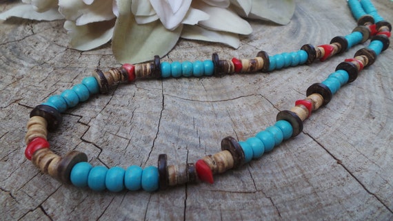 Mens turquoise necklace. Mens beaded necklace. Surfer style necklace. Mens coconut necklace. Tribal necklace. Bohemian men's necklace.