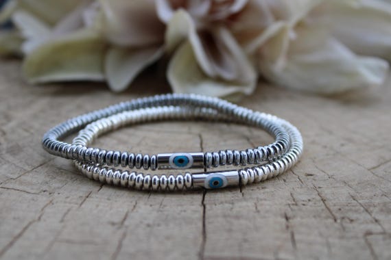 Mens evil eye bracelet. Mens beaded evil eye bracelet. Protection bracelet. Silver beads.