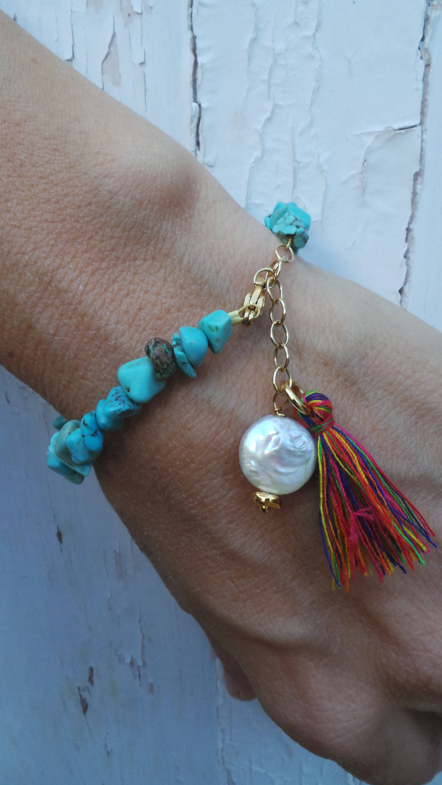 Turquoise bracelet.Beaded turquoise bracelet. Tassel bracelet. Stacking