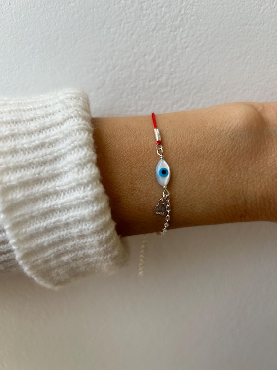 Red string evil eye bracelet. Red string of fate bracelet. Evil eye bracelet. Sterling silver evil eye and red string bracelet.
