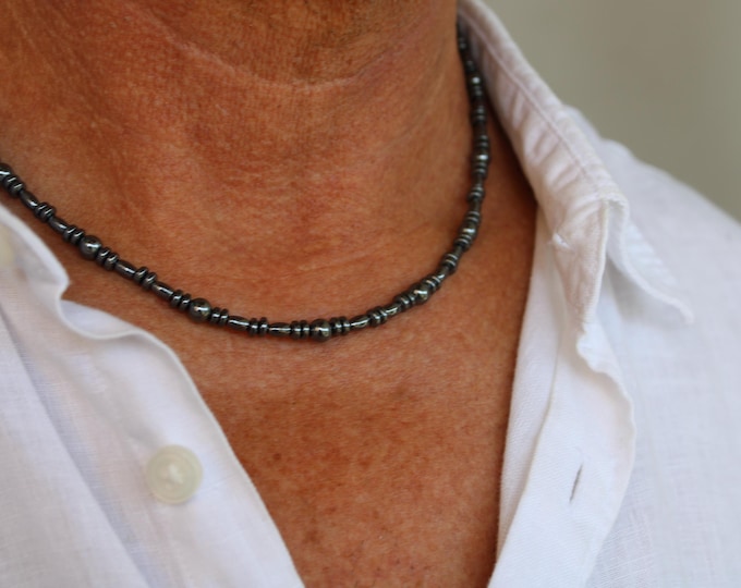 Hematite beaded necklace. Mens beaded stone necklace. 4mm beads.