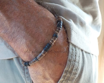 Mens bracelet. Mens beaded bracelet. Mens surfer style bracelet. Mens wood bead bracelet. Brown and black bracelet. Coconut bracelet.