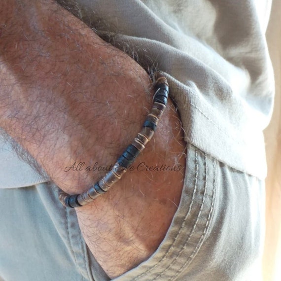 Mens bracelet. Mens beaded bracelet. Mens surfer style bracelet. Mens wood bead bracelet. Brown and black bracelet. Coconut bracelet.