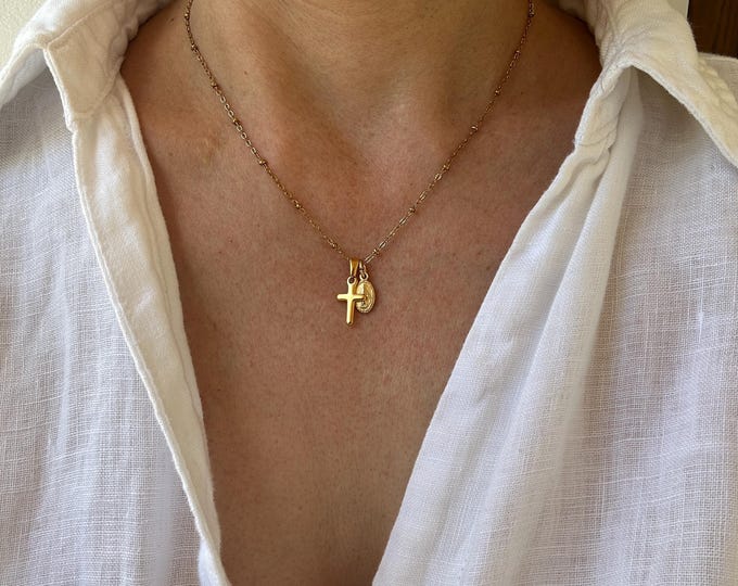 Dainty Virgin Mary  and crucifix necklace.  Gold stainless Steel Madonna Charm and cross.