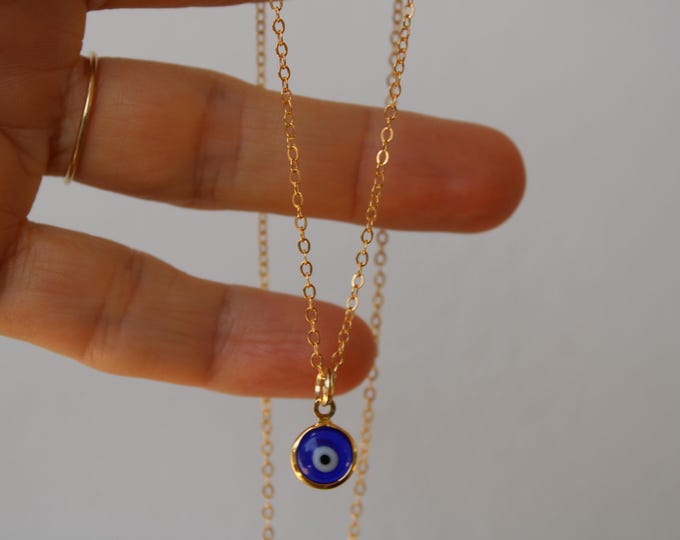 Gold Filled Blue Evil Eye Necklace: Greek Mati Charm, Protection Jewelry