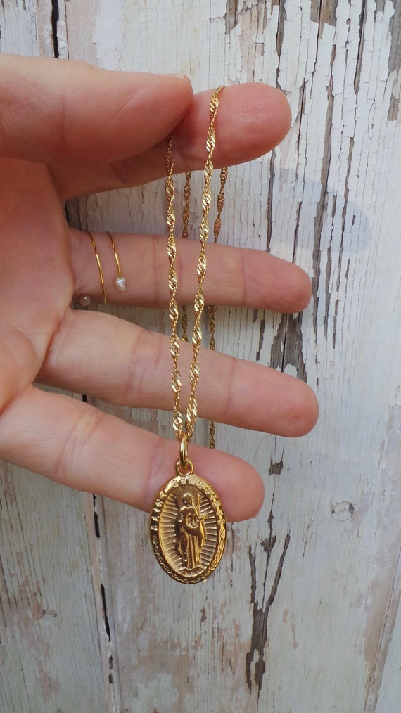 Medallion necklace. Gold Madonna necklace. Virgin Mary necklace. Miraculous Mary necklace. Gold coin necklace. Religious necklace.