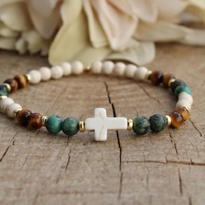 Men sideways cross bracelet. Stone cross bracelet for men. Howlite, African Turquoise and tiger&#39;s eye bracelet for men.