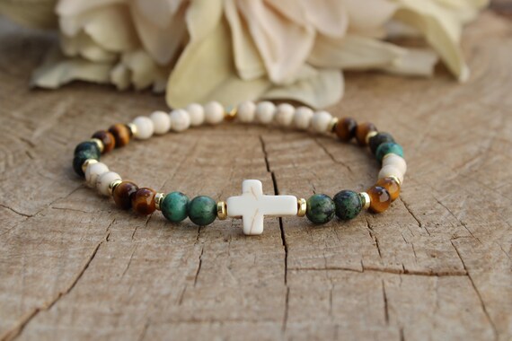 Men sideways cross bracelet. Stone cross bracelet for men. Howlite, African Turquoise and tiger's eye bracelet for men.