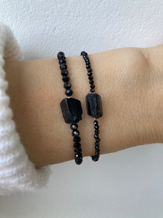 Black tourmaline bracelet. Beaded black tourmaline with raw nugget bracelet.  October birthstone. Skinny beaded bracelet.