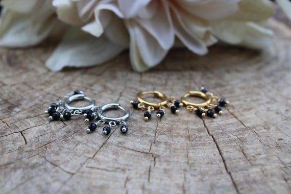 Black tourmaline huggie earrings.  Stainless steel endless hoop earrings. Gold, silver. Empath protection