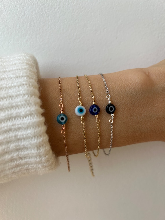 Evil eye bracelet. Evil eye chain bracelet. Simple evil eye bracelet.  Greek mati bracelet.  Protection bracelet. Gold, silver, rose gold