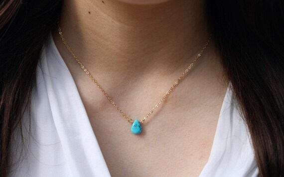 Turquoise necklace . Dainty turquoise necklace. Turquoise teardrop choker. December birthstone. Gold filled, sterling silver.