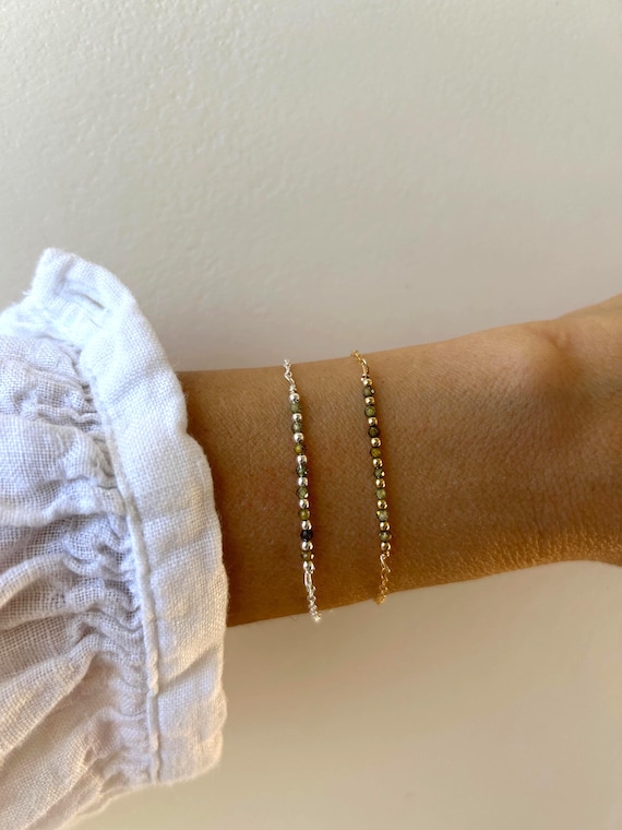 Green jade bracelet. Dainty beaded nephrite jade bracelet. Tiny gemstone bracelet. Gold filled,  sterling silver, rose gold filled chain.