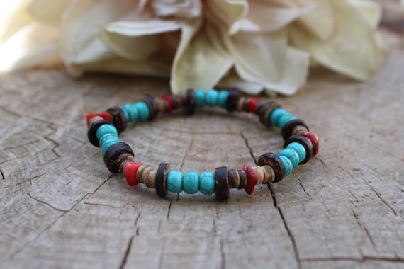 Mens beaded  turquoise bracelet.   Turquoise and red coral stretch bracelet. Surfer style  bracelet.