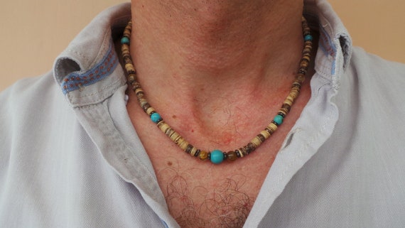 Mens gemstone necklace. Turquoise and tourmaline. Beaded | Etsy