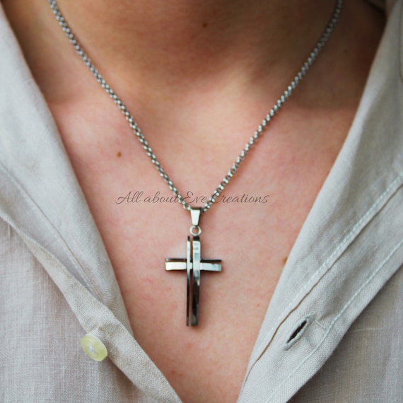 Mens necklace. Mens crucifix. Mens stainless steel cross. Mens cross necklace. Cross pendant. Religious jewellery.