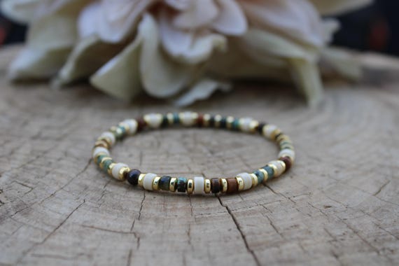 Mens Gemstone Bracelet . African Turquoise, Tiger's Eye. Beaded bracelet. Stretch cord. 4mm beads.